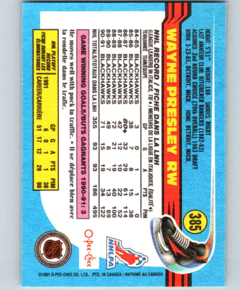 1991-92 O-Pee-Chee #385 Wayne Presley Mint Chicago Blackhawks Image 2