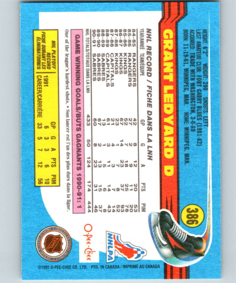 1991-92 O-Pee-Chee #386 Grant Ledyard Mint Buffalo Sabres Image 2