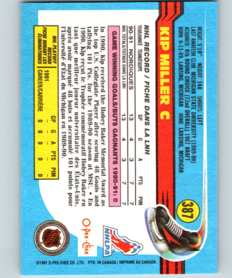 1991-92 O-Pee-Chee #387 Kip Miller Mint Quebec Nordiques Image 2