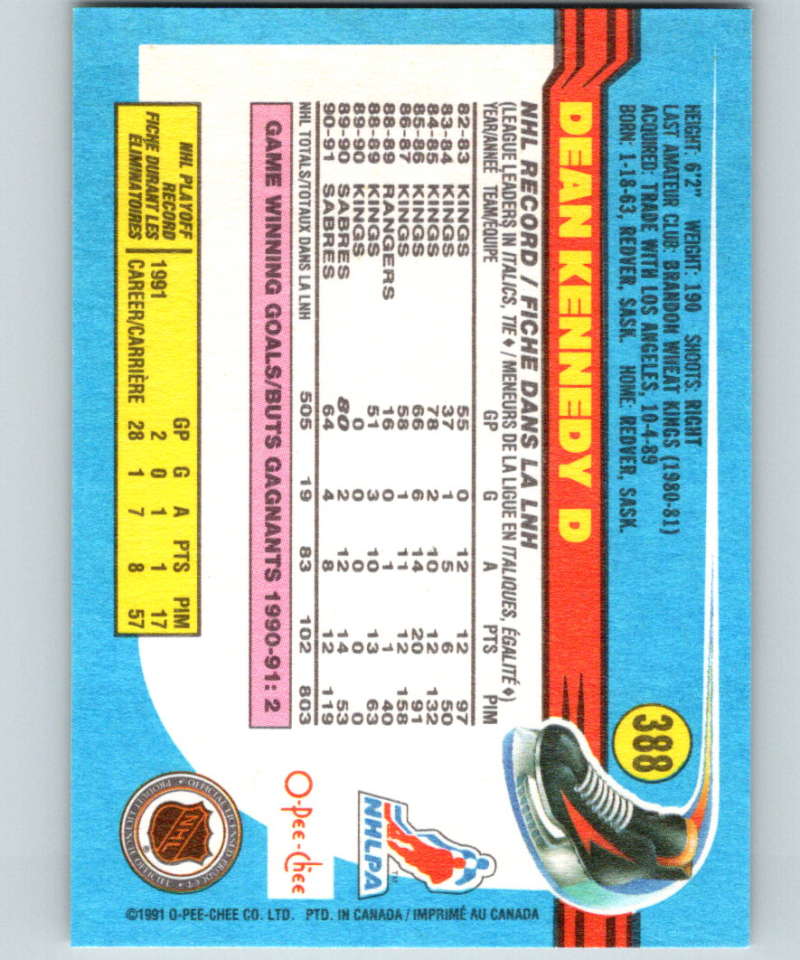 1991-92 O-Pee-Chee #388 Dean Kennedy Mint Buffalo Sabres Image 2