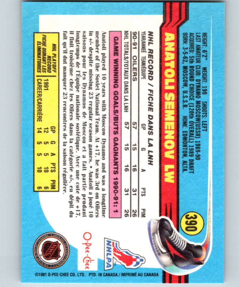 1991-92 O-Pee-Chee #390 Anatoli Semenov Mint Edmonton Oilers Image 2
