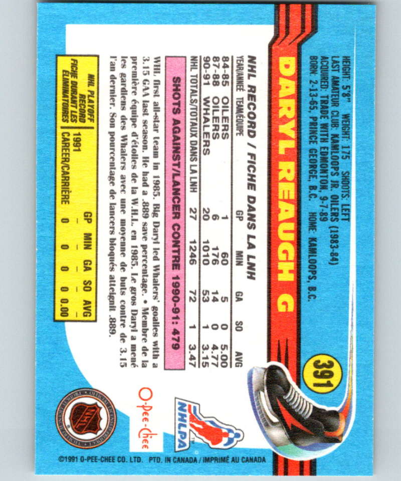 1991-92 O-Pee-Chee #391 Daryl Reaugh Mint Hartford Whalers Image 2
