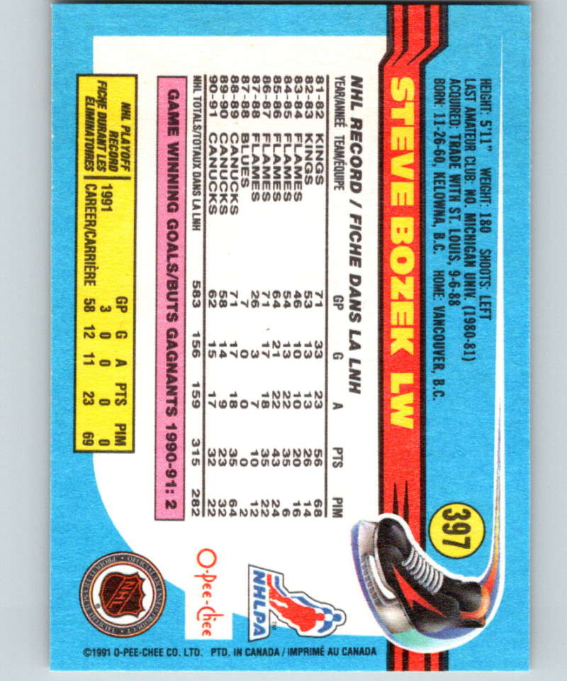1991-92 O-Pee-Chee #397 Steve Bozek Mint Vancouver Canucks Image 2