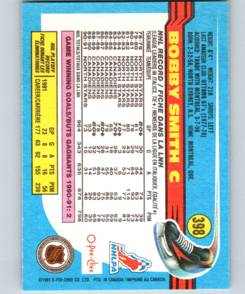 1991-92 O-Pee-Chee #398 Bobby Smith Mint Minnesota North Stars Image 2