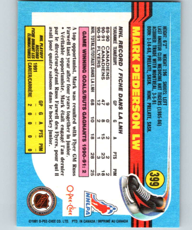 1991-92 O-Pee-Chee #399 Mark Pederson Mint Philadelphia Flyers Image 2