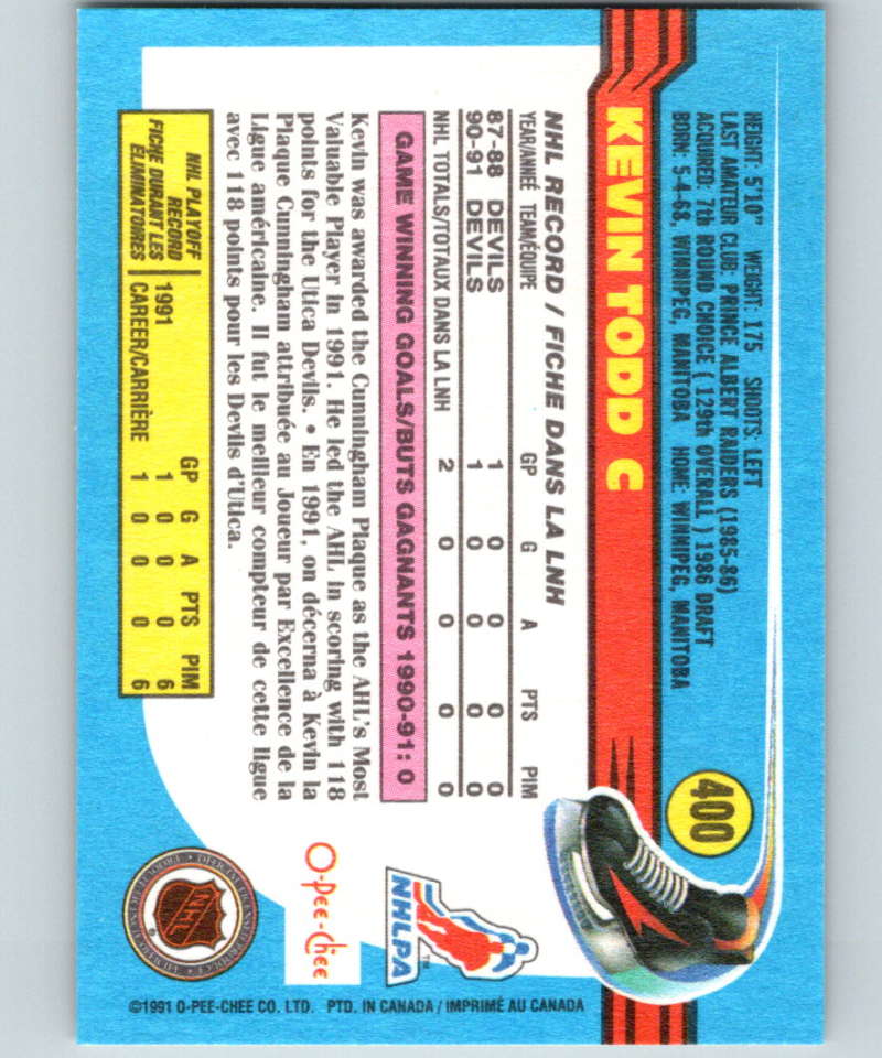 1991-92 O-Pee-Chee #400 Kevin Todd Mint RC Rookie New Jersey Devils Image 2