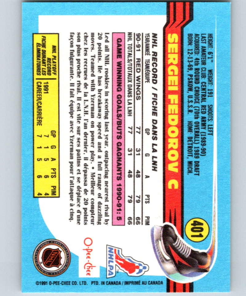 1991-92 O-Pee-Chee #401 Sergei Fedorov Mint Detroit Red Wings Image 2