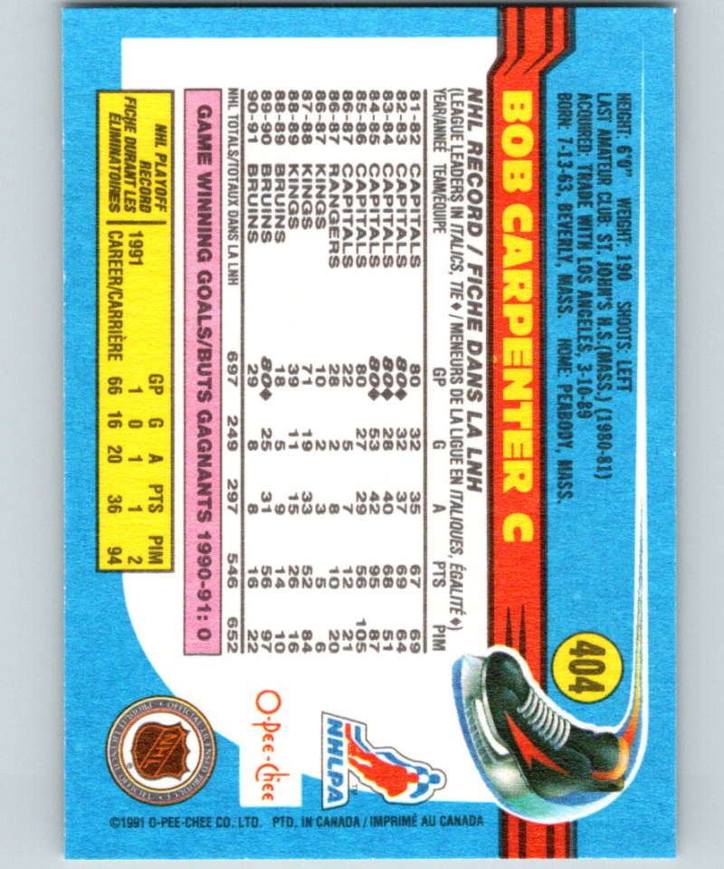 1991-92 O-Pee-Chee #404 Bob Carpenter Mint Boston Bruins Image 2