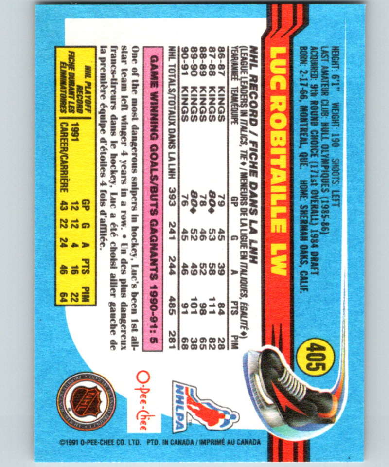 1991-92 O-Pee-Chee #405 Luc Robitaille Mint Los Angeles Kings