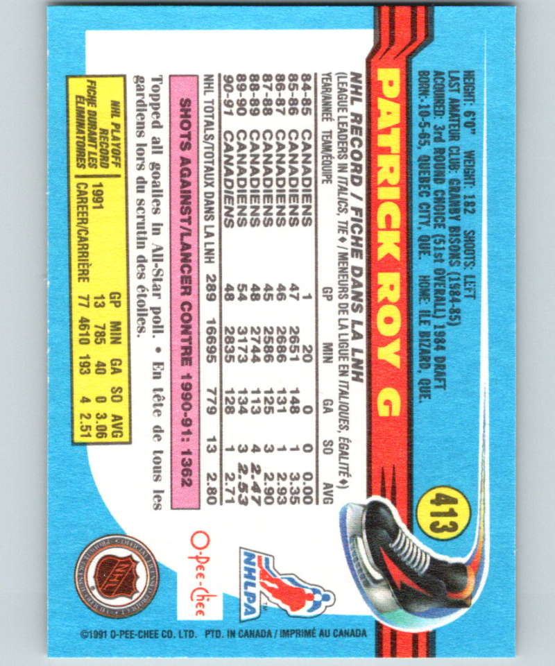 1991-92 O-Pee-Chee #413 Patrick Roy Mint Montreal Canadiens