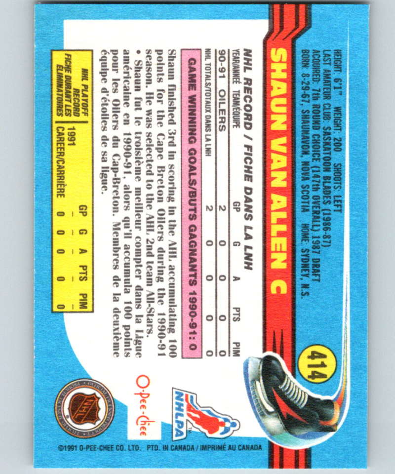 1991-92 O-Pee-Chee #414 Shaun Van Allen Mint RC Rookie Edmonton Oilers Image 2