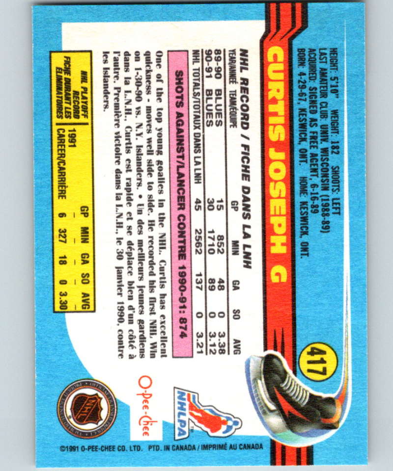 1991-92 O-Pee-Chee #417 Curtis Joseph Mint St. Louis Blues