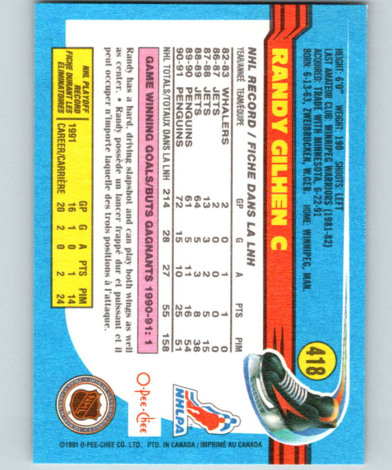 1991-92 O-Pee-Chee #418 Randy Gilhen Mint Pittsburgh Penguins Image 2
