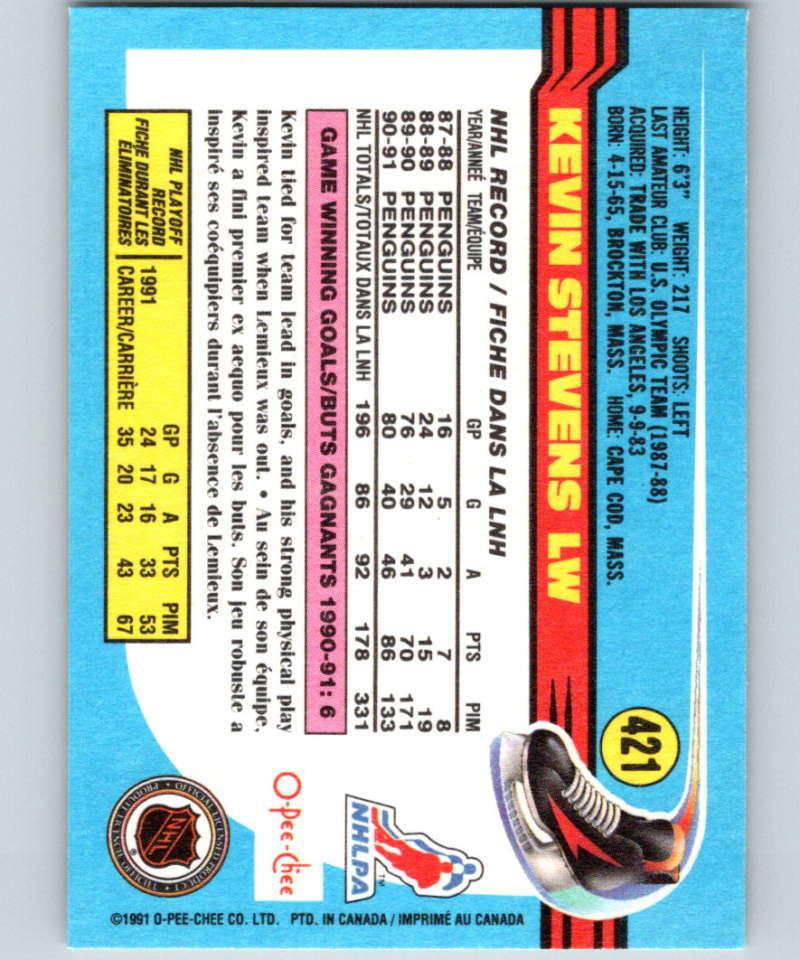 1991-92 O-Pee-Chee #421 Kevin Stevens Mint Pittsburgh Penguins Image 2