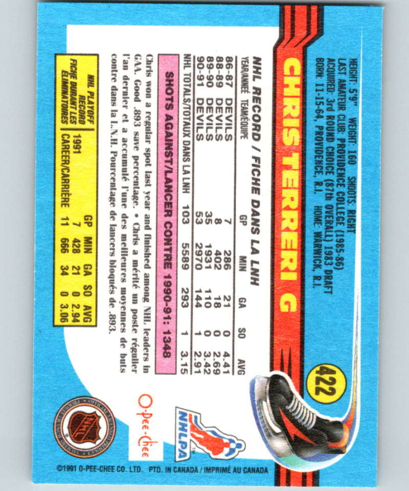 1991-92 O-Pee-Chee #422 Chris Terreri Mint New Jersey Devils Image 2