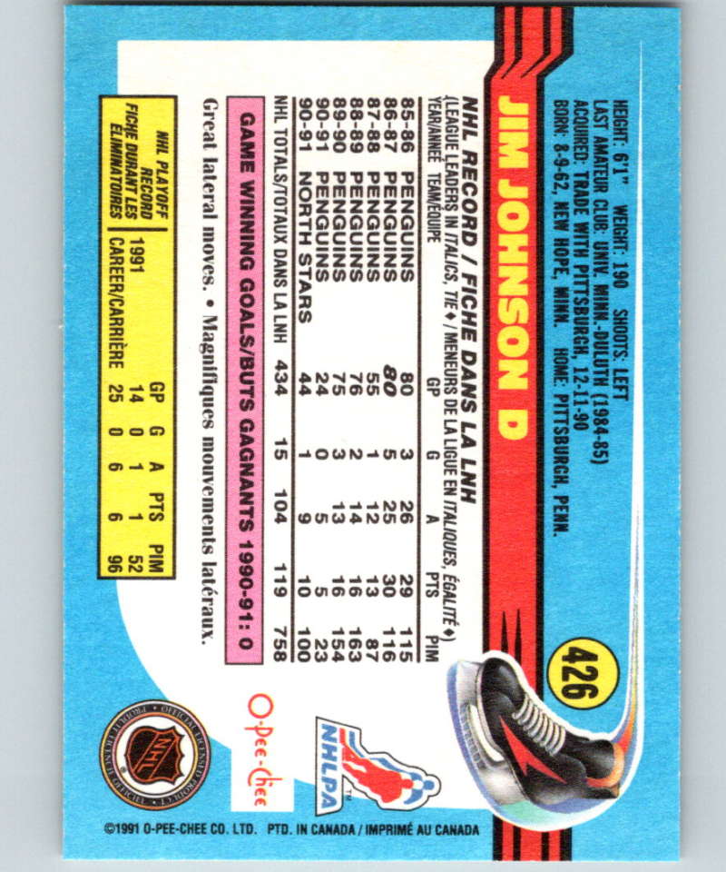 1991-92 O-Pee-Chee #426 Jim Johnson Mint Minnesota North Stars Image 2