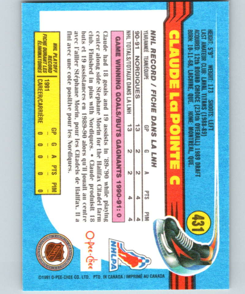 1991-92 O-Pee-Chee #431 Claude Lapointe Mint RC Rookie Quebec Nordiques Image 2