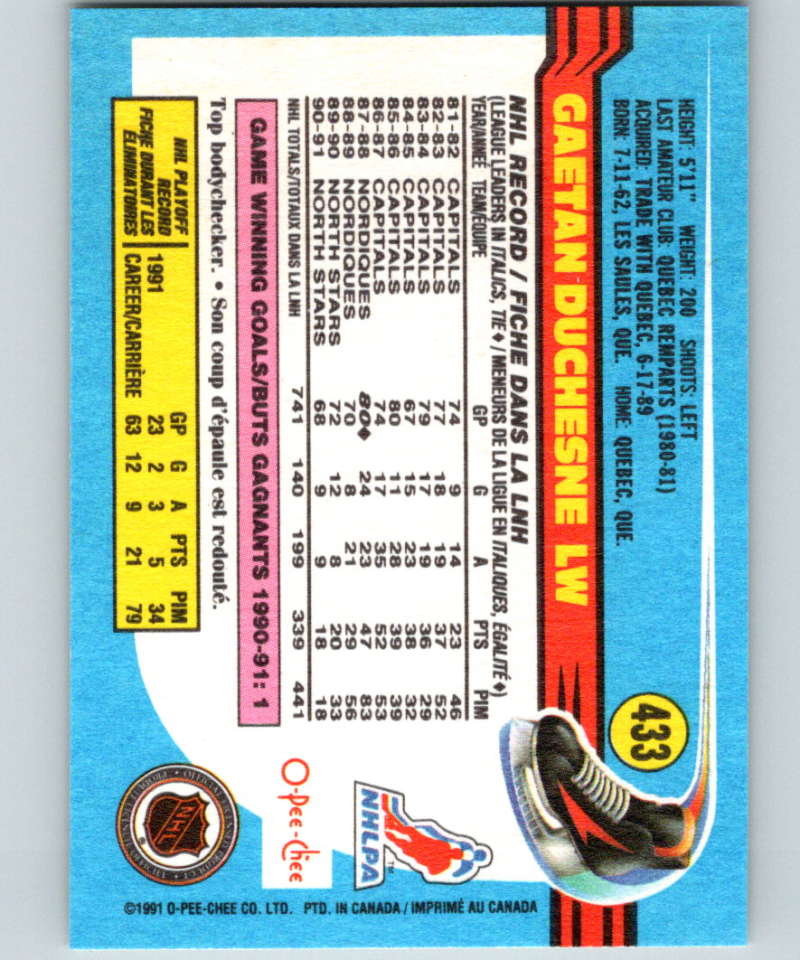 1991-92 O-Pee-Chee #433 Gaetan Duchesne Mint Minnesota North Stars Image 2