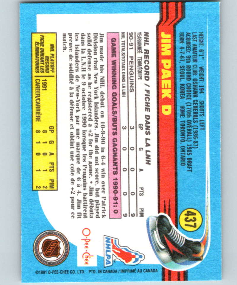 1991-92 O-Pee-Chee #437 Jim Paek Mint RC Rookie Pittsburgh Penguins Image 2