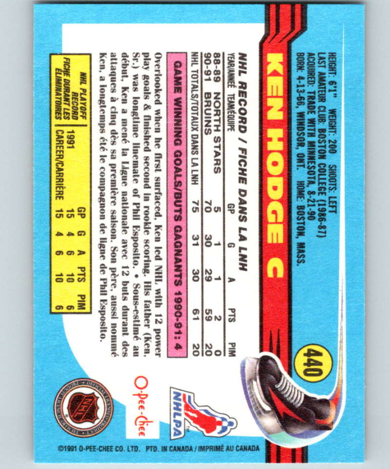 1991-92 O-Pee-Chee #440 Ken Hodge Jr. Mint Boston Bruins Image 2