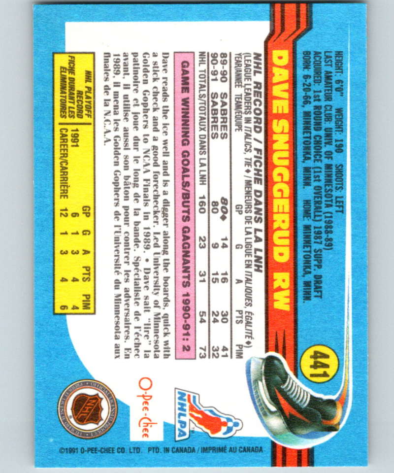 1991-92 O-Pee-Chee #441 Dave Snuggerud Mint Buffalo Sabres Image 2