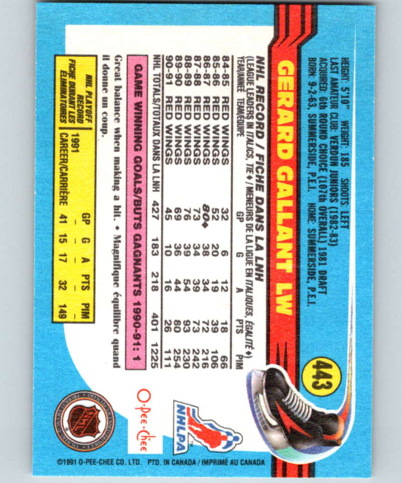 1991-92 O-Pee-Chee #443 Gerard Gallant Mint Detroit Red Wings Image 2