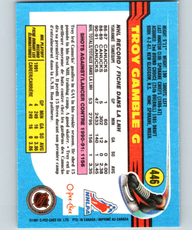 1991-92 O-Pee-Chee #446 Troy Gamble Mint Vancouver Canucks Image 2