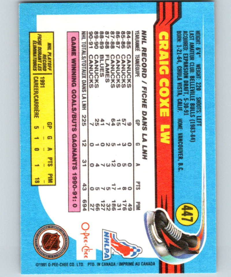 1991-92 O-Pee-Chee #447 Craig Coxe Mint Vancouver Canucks Image 2