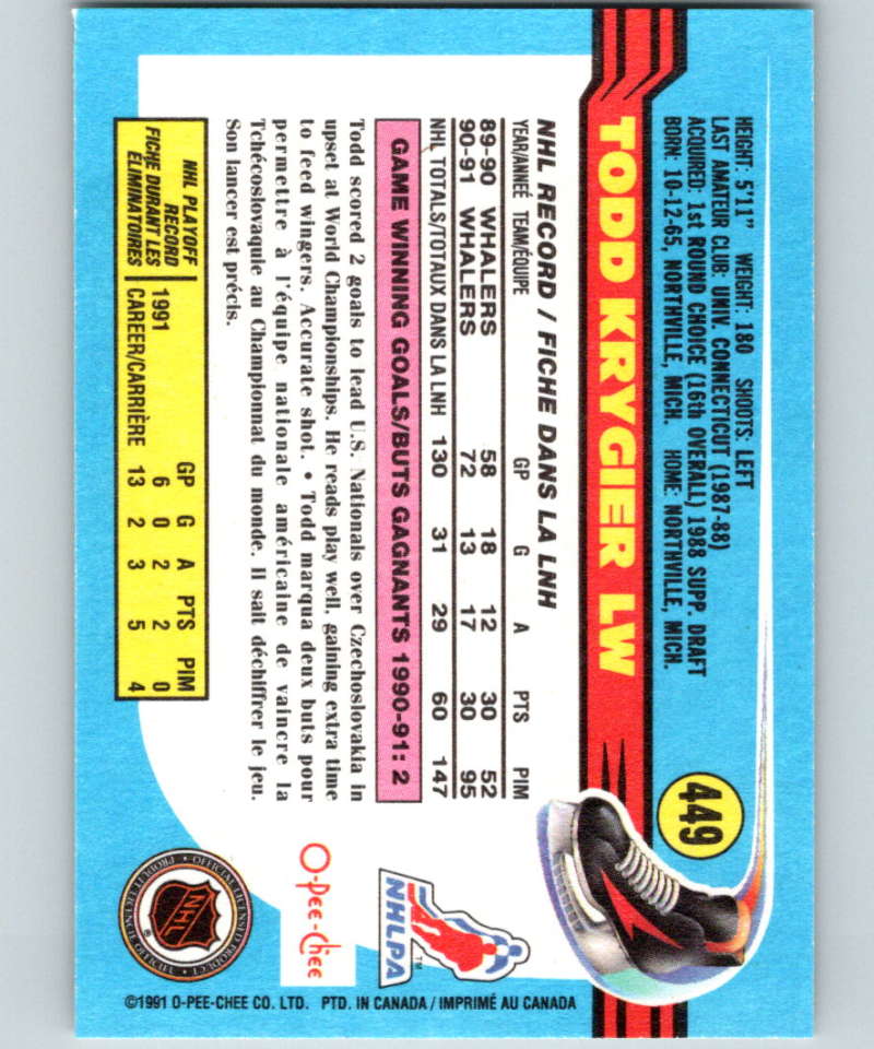 1991-92 O-Pee-Chee #449 Todd Krygier Mint Hartford Whalers