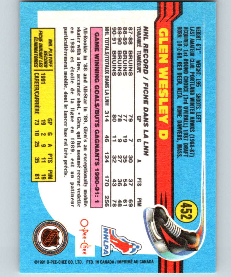 1991-92 O-Pee-Chee #452 Glen Wesley Mint Boston Bruins Image 2