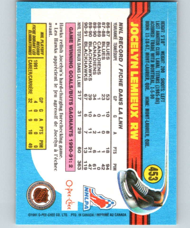 1991-92 O-Pee-Chee #453 Jocelyn Lemieux Mint Chicago Blackhawks Image 2