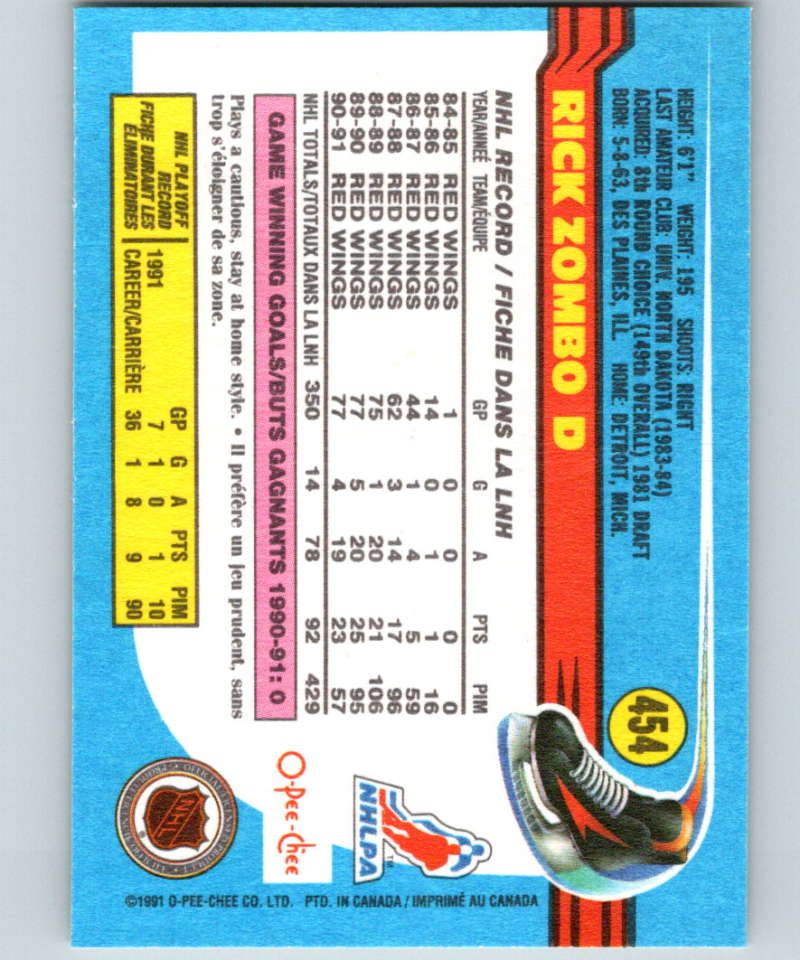 1991-92 O-Pee-Chee #454 Rick Zombo Mint Detroit Red Wings Image 2