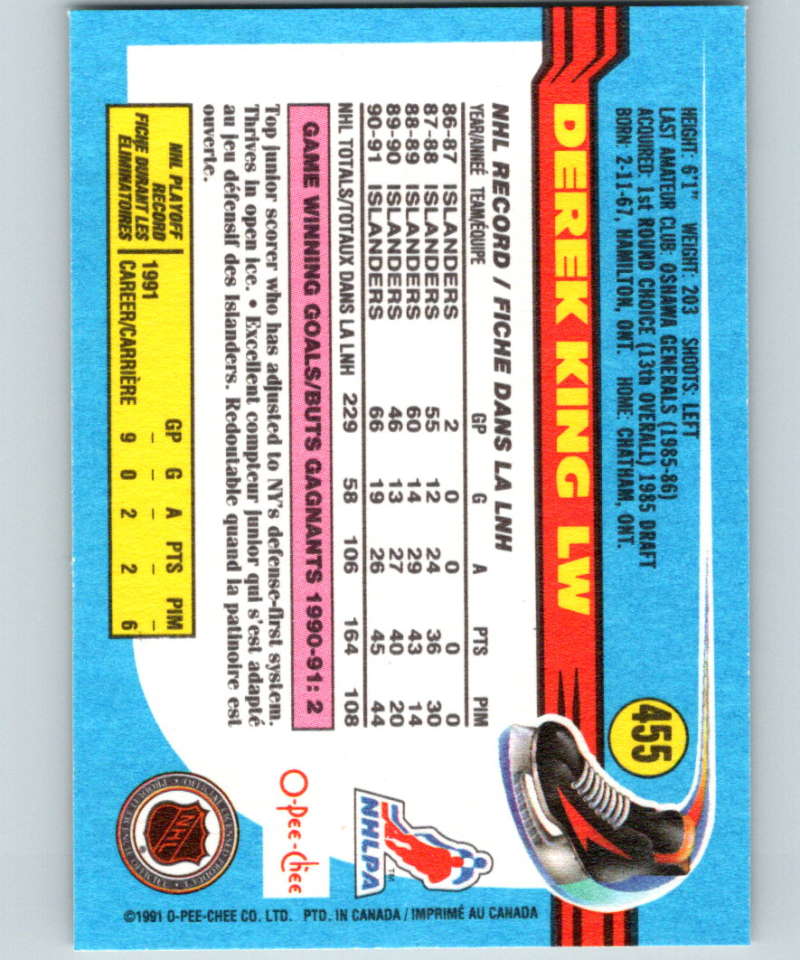 1991-92 O-Pee-Chee #455 Derek King Mint New York Islanders Image 2