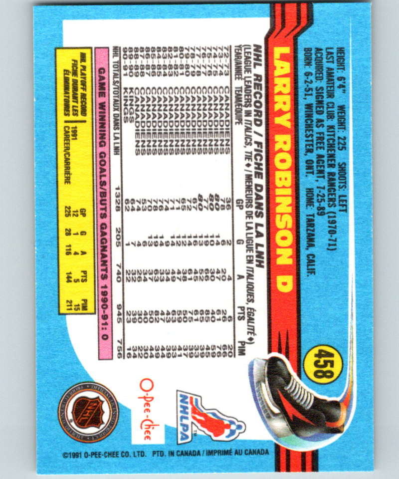 1991-92 O-Pee-Chee #458 Larry Robinson Mint Los Angeles Kings Image 2