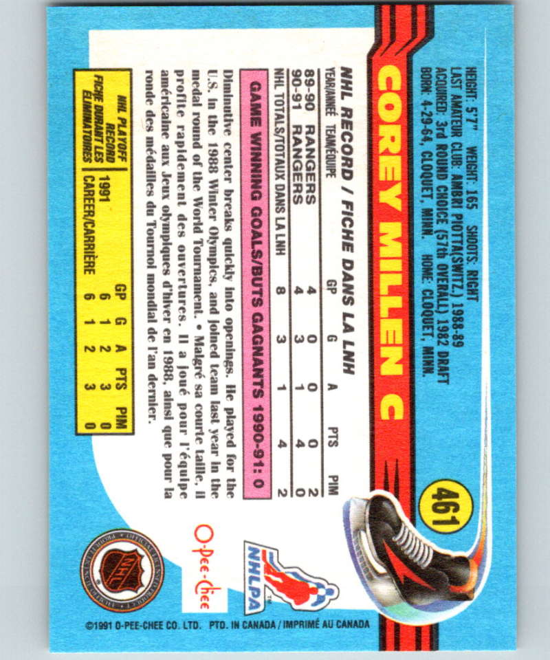 1991-92 O-Pee-Chee #461 Corey Millen Mint RC Rookie Image 2