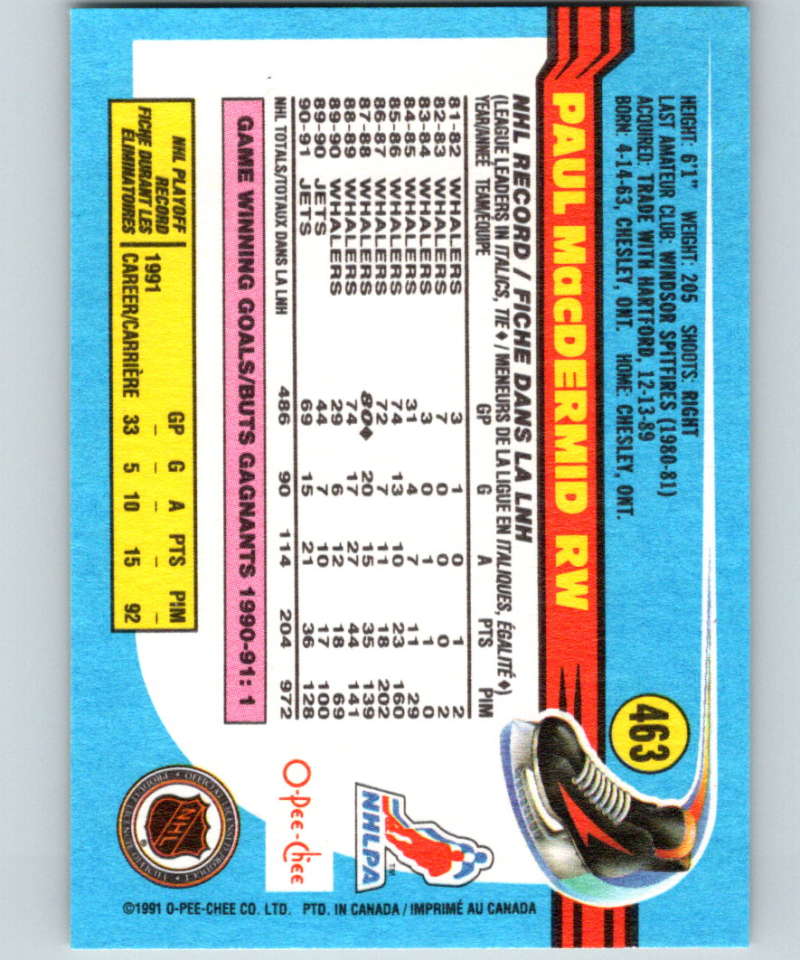 1991-92 O-Pee-Chee #463 Paul MacDermid Mint Winnipeg Jets Image 2