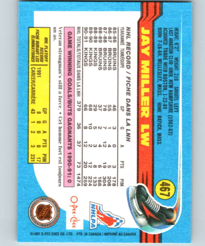 1991-92 O-Pee-Chee #467 Jay Miller Mint Los Angeles Kings Image 2