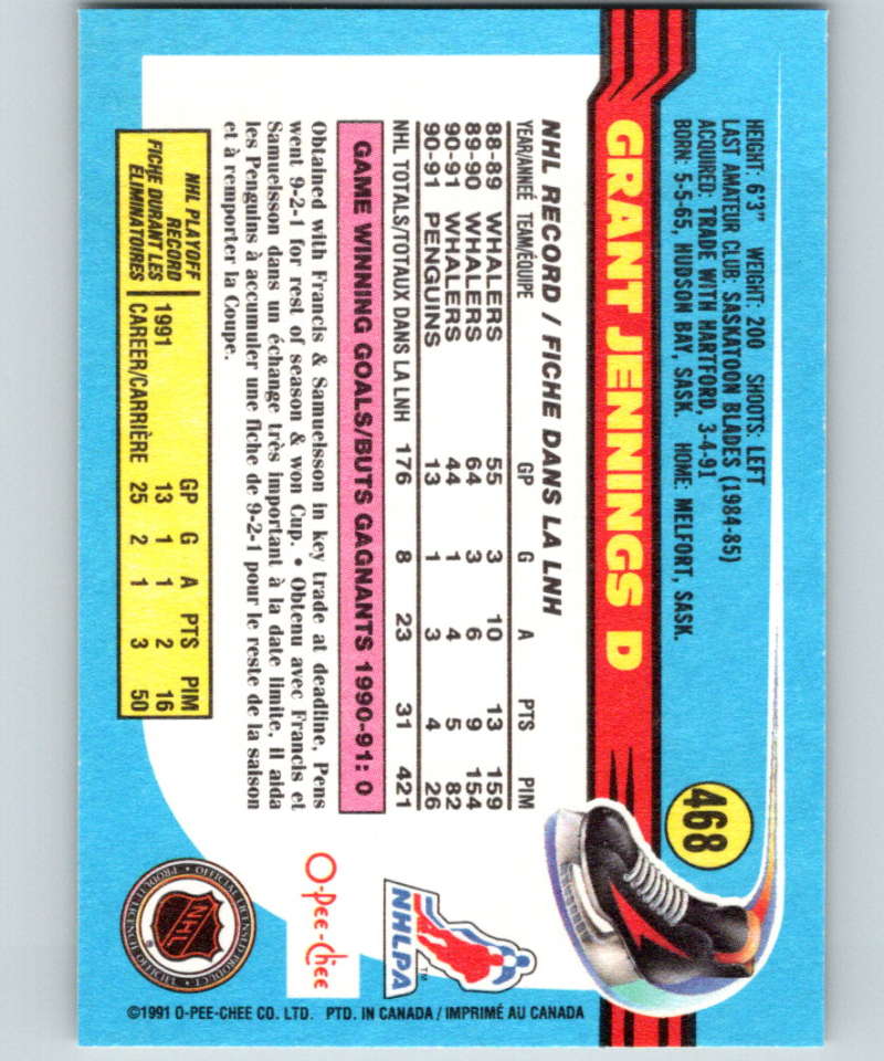 1991-92 O-Pee-Chee #468 Grant Jennings Mint Pittsburgh Penguins Image 2