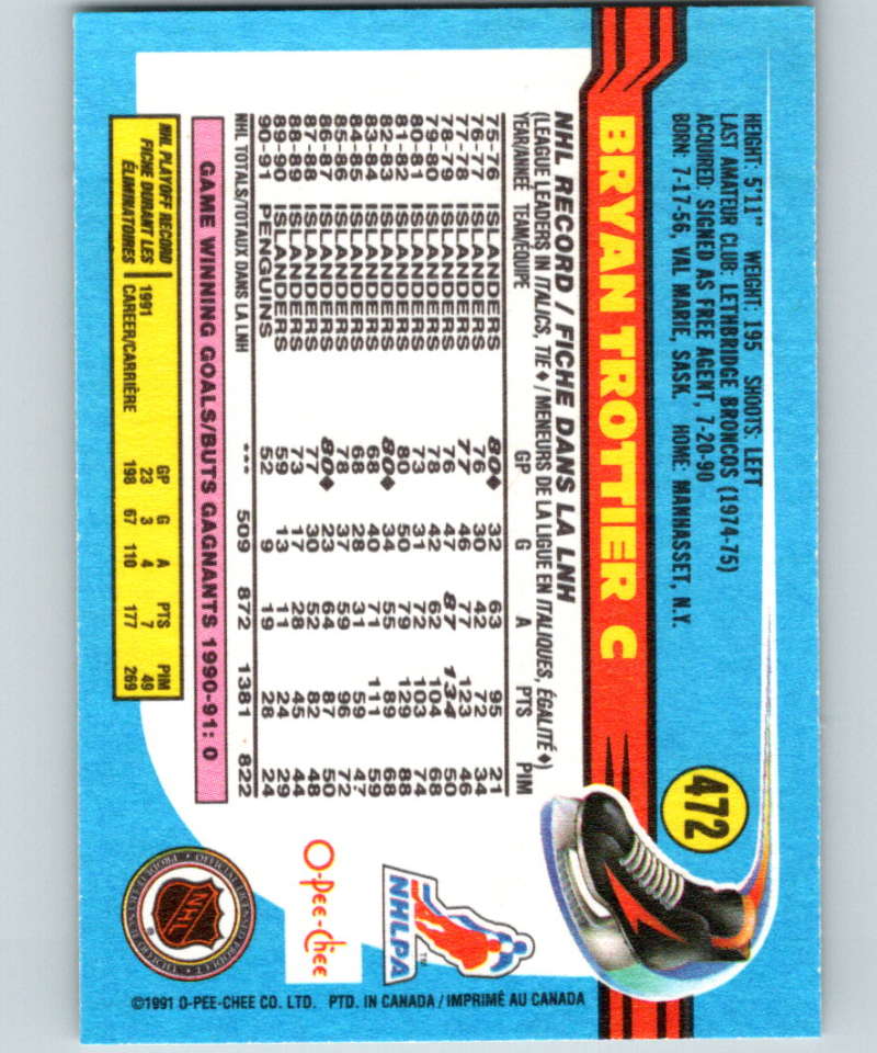 1991-92 O-Pee-Chee #472 Bryan Trottier Mint Pittsburgh Penguins Image 2