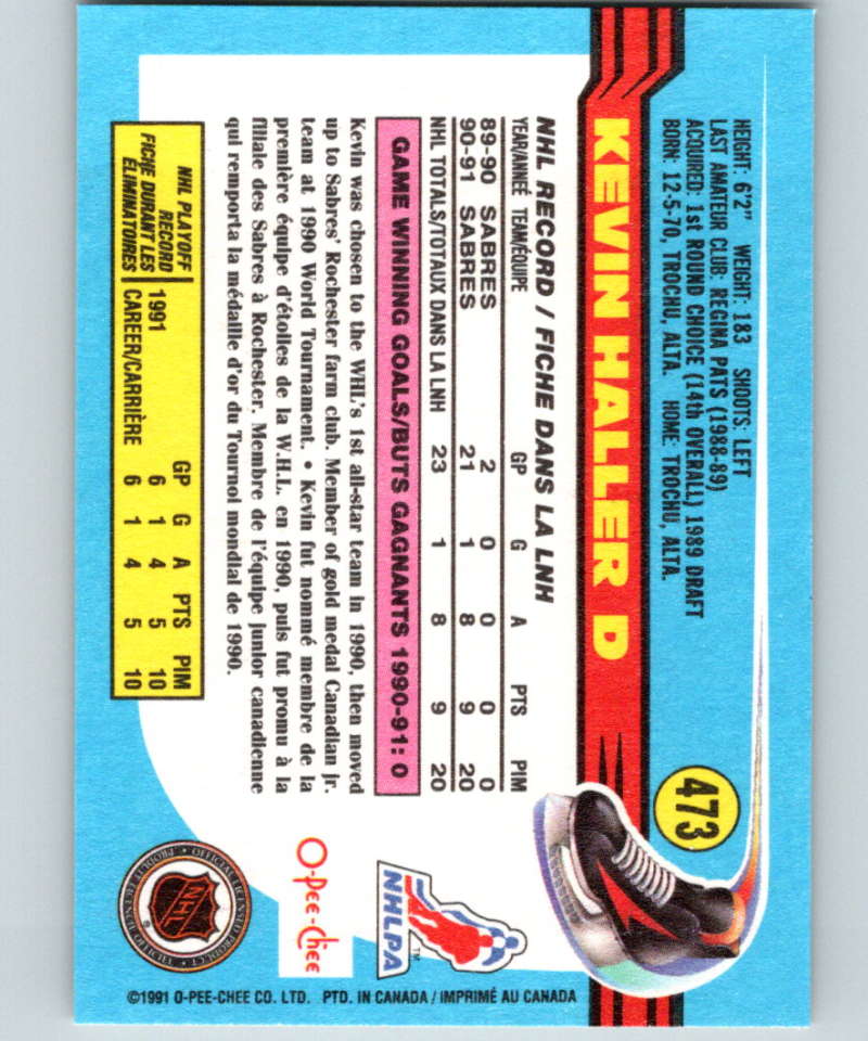 1991-92 O-Pee-Chee #473 Kevin Haller Mint RC Rookie Buffalo Sabres Image 2
