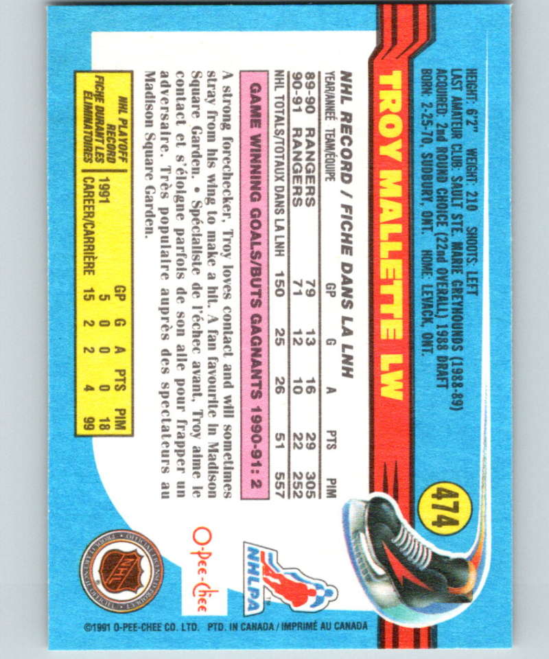 1991-92 O-Pee-Chee #474 Troy Mallette Mint New York Rangers Image 2