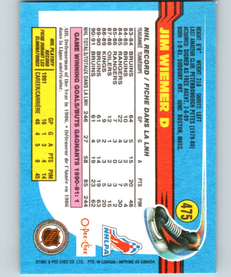 1991-92 O-Pee-Chee #475 Jim Wiemer Mint Boston Bruins Image 2