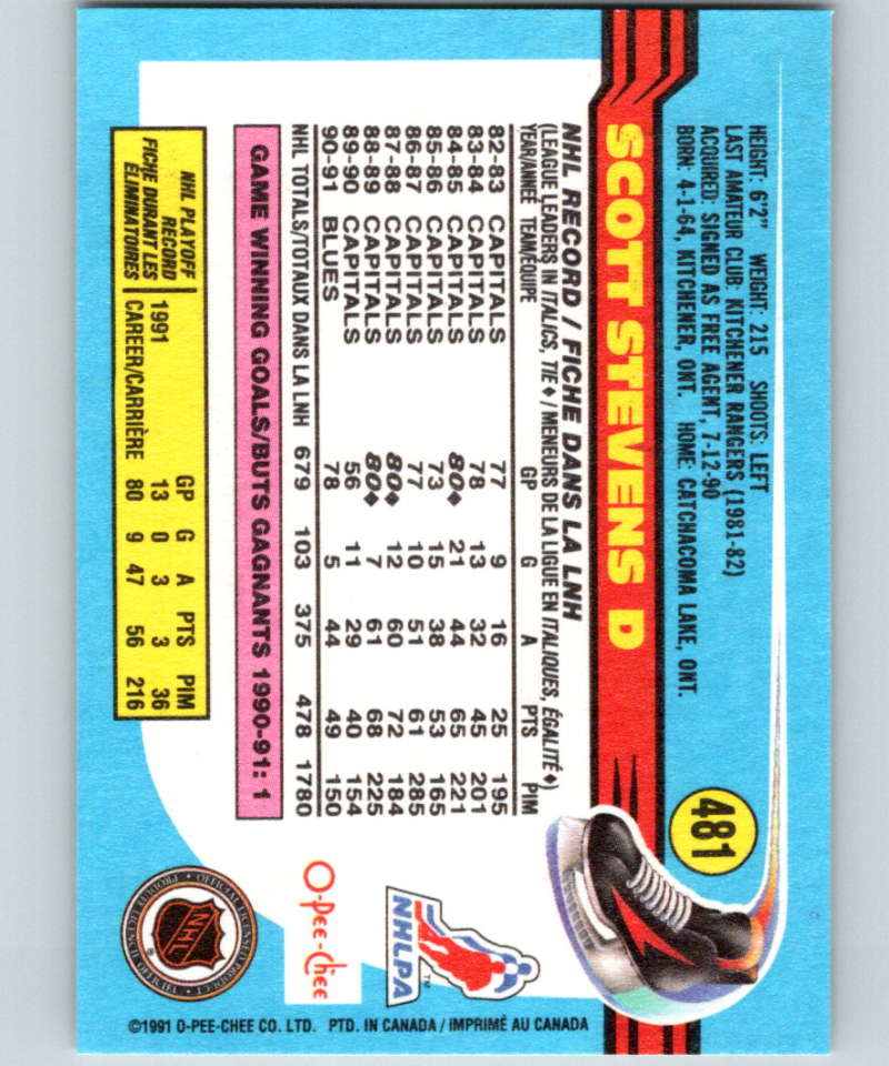 1991-92 O-Pee-Chee #481 Scott Stevens Mint St. Louis Blues Image 2
