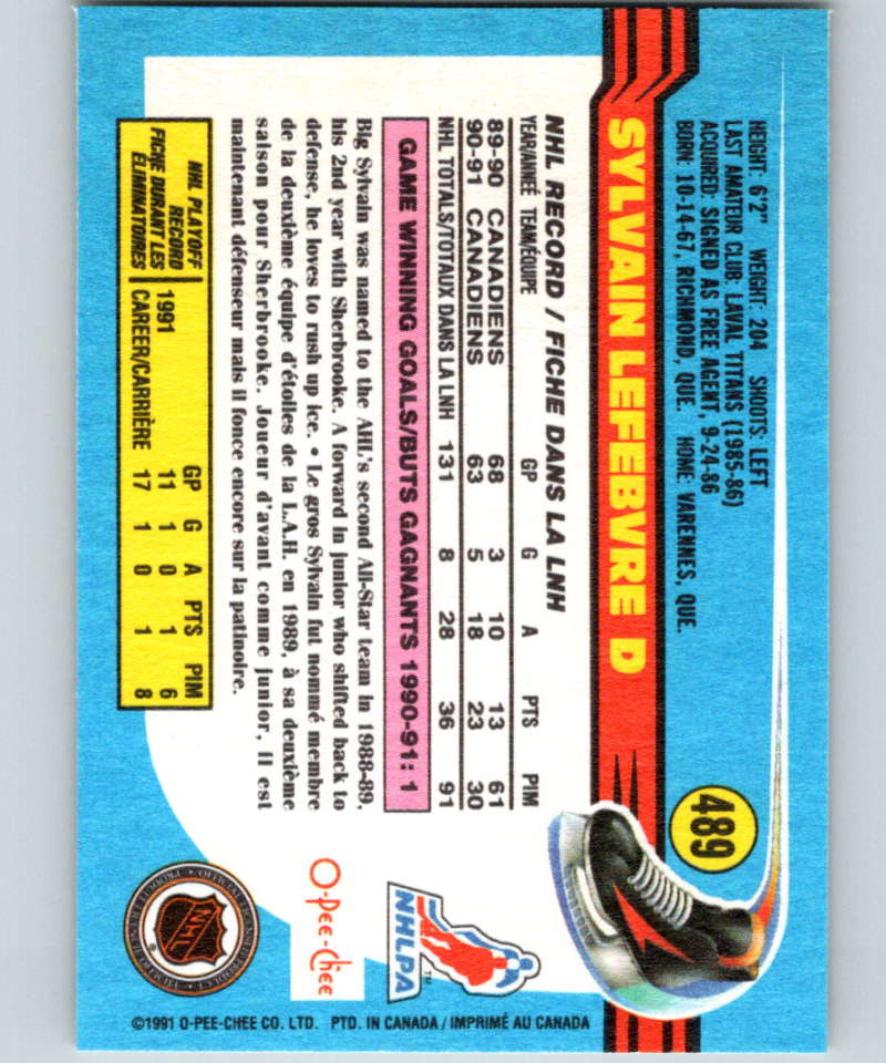 1991-92 O-Pee-Chee #489 Sylvain Lefebvre Mint Montreal Canadiens