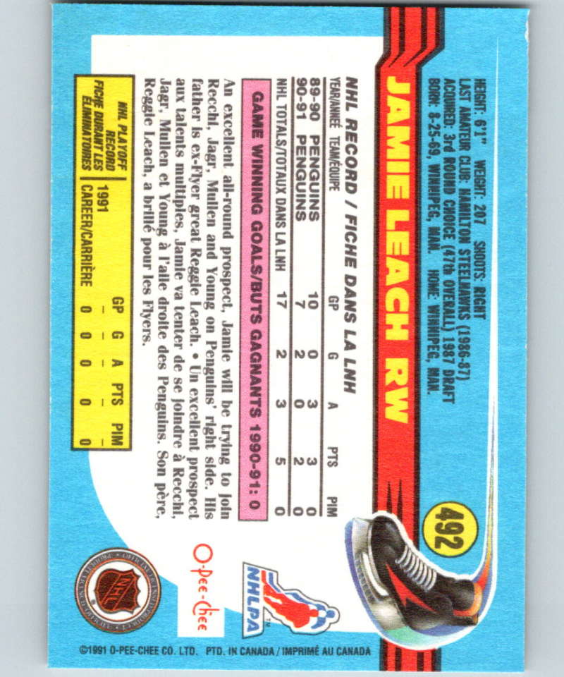 1991-92 O-Pee-Chee #492 Jamie Leach Mint Pittsburgh Penguins Image 2