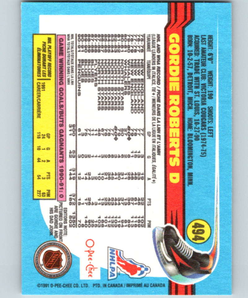1991-92 O-Pee-Chee #494 Gordie Roberts Mint Pittsburgh Penguins