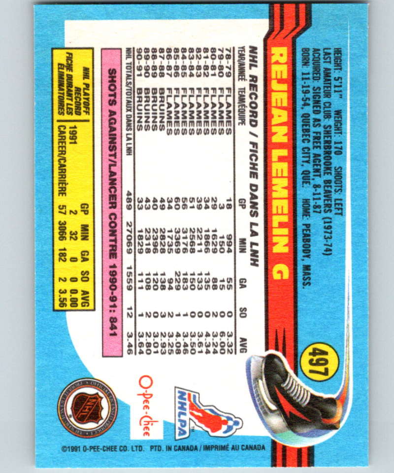 1991-92 O-Pee-Chee #497 Rejean Lemelin Mint Boston Bruins Image 2