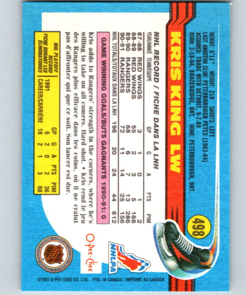 1991-92 O-Pee-Chee #498 Kris King Mint New York Rangers Image 2