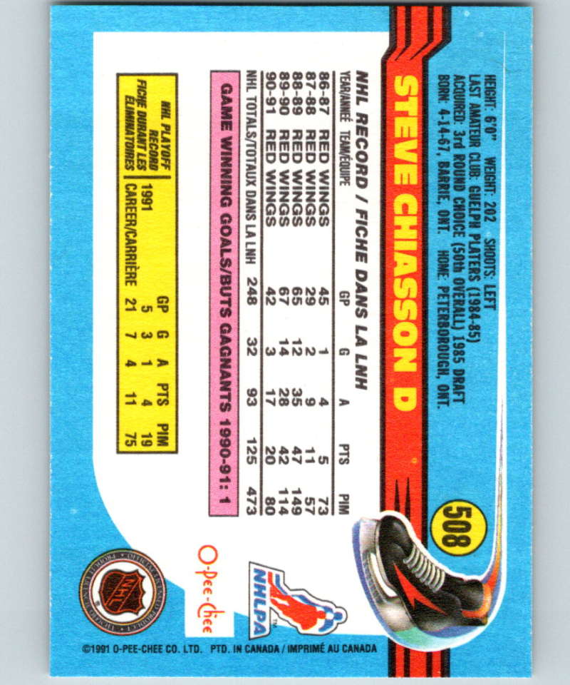 1991-92 O-Pee-Chee #508 Steve Chiasson Mint Detroit Red Wings