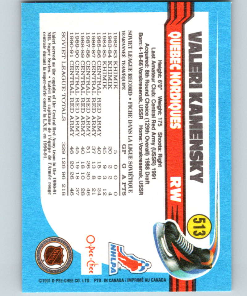 1991-92 O-Pee-Chee #513 Valeri Kamensky Mint RC Rookie Quebec Nordiques